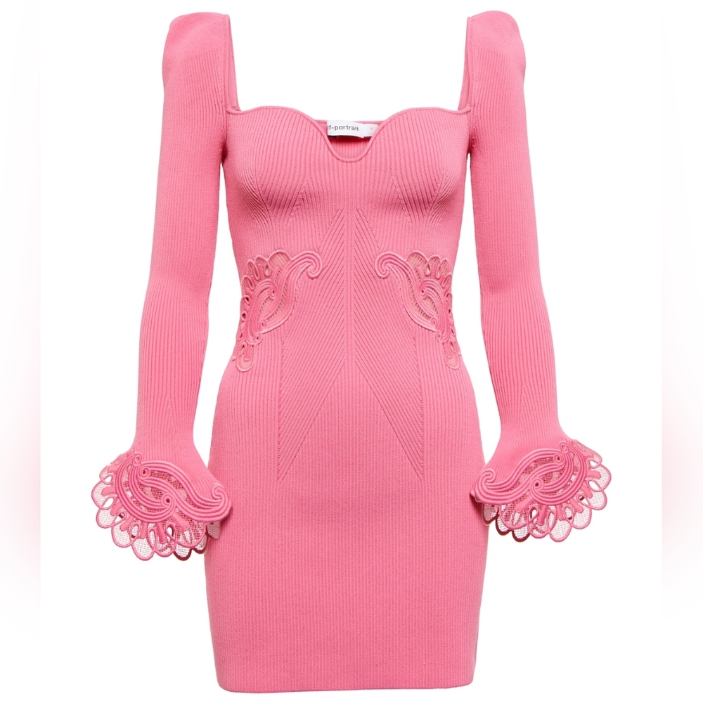 NWOT Self Portrait Pink Lace-trimmed Rib-knit Minidress